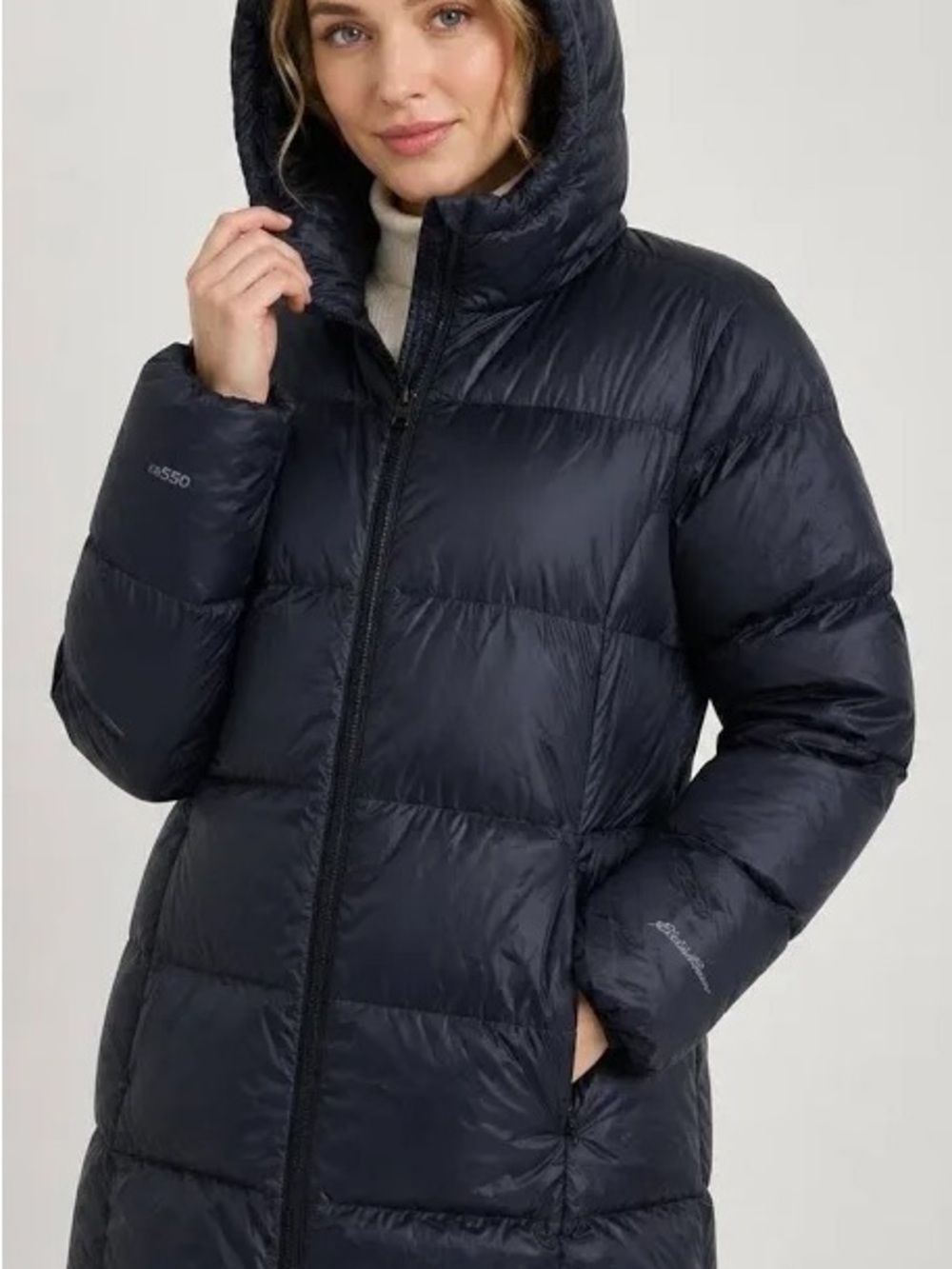 Eddie Bauer Luna Peak Down Black Hooded Long Puffer Jacket Coat Parka size M